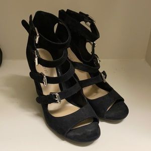 Black suede heels, open toe